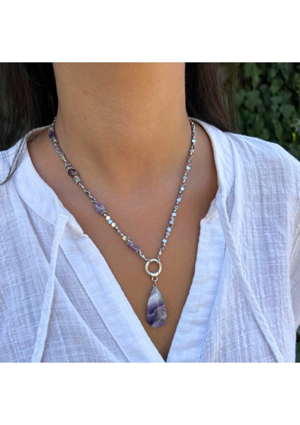 El Yapımı Ametist ve Hematit Doğaltaş Ametist Doğal Taş Uçlu El Yapımı Özel Tasarım Kolye indirimleri