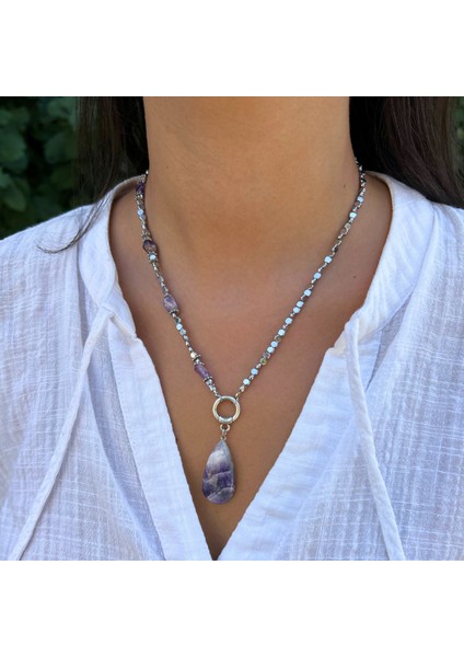 El Yapımı Ametist ve Hematit Doğaltaş Ametist Doğal Taş Uçlu El Yapımı Özel Tasarım Kolye