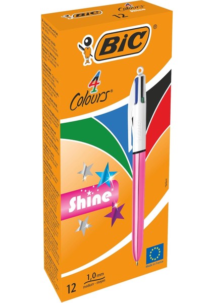 4 Colours Pembe Gövde Tükenmez 12&apos;li Kutu, 4 Renk (Mavi, Siyah,yeşil ve Kırmızı), 1.0 Mm. Uç