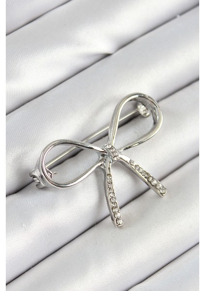 Zirkon Taş Detaylı Fiyonk Figürlü Gümüş Renk Kadın Broş - Lisinya