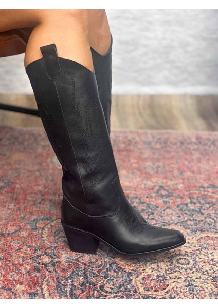 Alsvin Hakiki Deri Kadın Siyah Kovboy Çizme