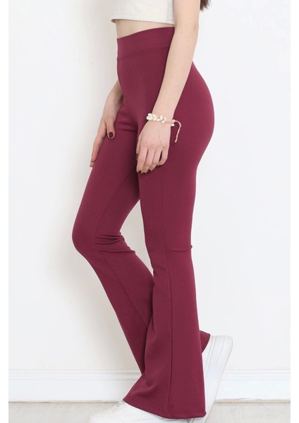 Şık ve Rahat Yüksek Bel Ispanyol Paça Fitilli Toparlayıcı Mürdüm Tayt ( Lisinya ) indirimleri