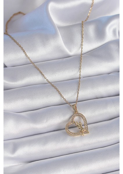 316L Çelik Zincir Gold Renk Zirkon Taşlı Kalp Model Melek Detay Kadın Kolye - Lisinya fiyatları