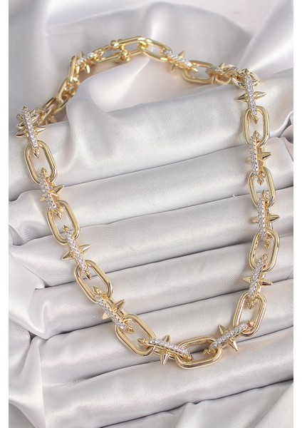 Pirinç Gold Renk Zirkon Taşlı Dikenli Halka Model Vıp Exculusive Seri Kadın Kolye - Lisinya fiyatları