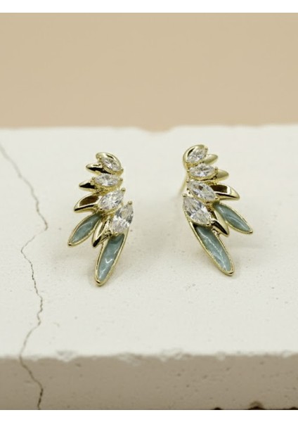 Lüks Altın Tonlu Yeşil Mine ve Markiz Kesim Zirkon Taşlı Kanat Küpe