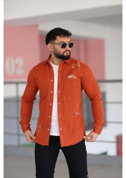 Erkek Kot Gömlek Slim Fit, Çift Cepli Geniş Düğmeli Likrasız Gömlek