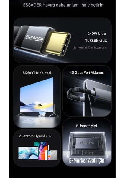 Thunderbolt 4 Usb 4.0 E-Marker Akıllı Çip 240W 40Gbps 8K+4K Type-C Video Görüntü Hızlı Şarj ve Data Video Kablosu Ce Lisanslı Sertifikalı Orjinal fiyatları