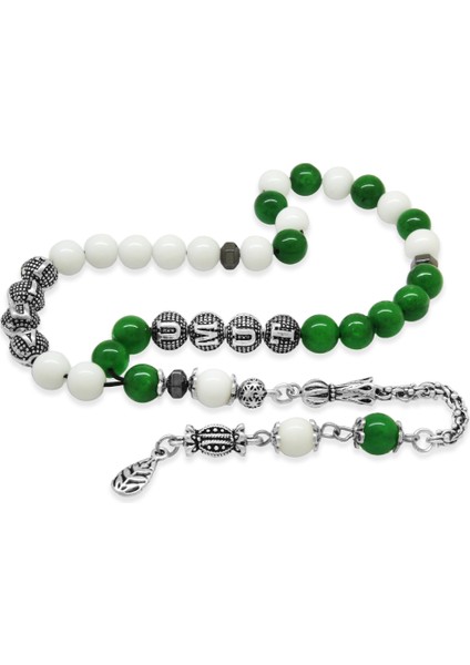 Kararmaz Metal Arnavut Püsküllü Küre Kesim Isme Özel Yeşil Beyaz Jade Doğaltaş Taraftar Tesbih