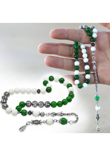 Kararmaz Metal Arnavut Püsküllü Küre Kesim Isme Özel Yeşil Beyaz Jade Doğaltaş Taraftar Tesbih fiyatları