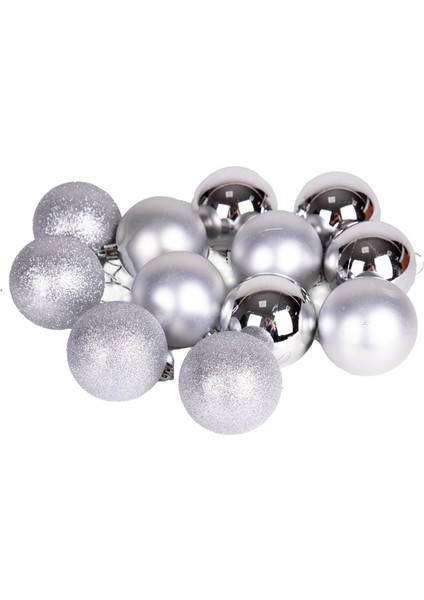 Yılbaşı Topu Simli Mat Parlak 12&apos;li Set Gümüş 6 Cm.