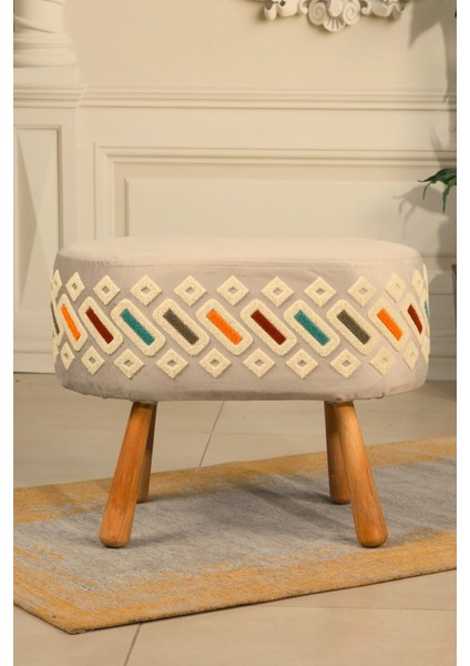 pufi dekoratif puf - modern renkli - nakışlı - gürgen ayaklı - oval puf - çok amaçlı kullanım - modern bench