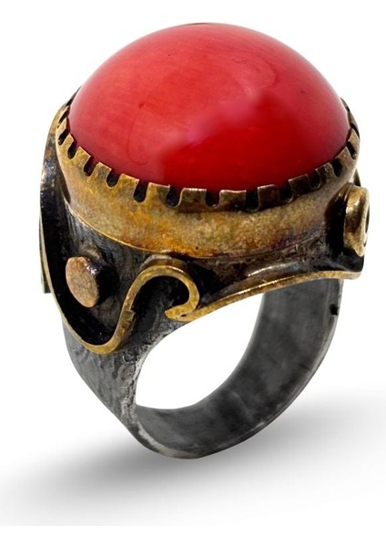 Otantik Doğal Mercan Taşlı Gümüş Vintage Kadın Yüzük