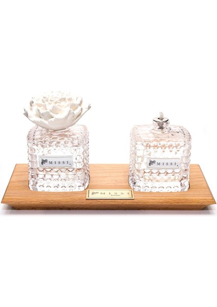 Ahşap Tepsili Şişe Yasemin Sandal Oda Kokusu ve Kandil Seti