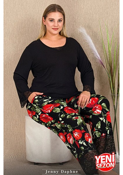 Lady Gül Desenli Alt Dantel Detaylı Kol ve Bacaklar Pijama Uzun Kollu Viskon Kumaş Pijama Takımı