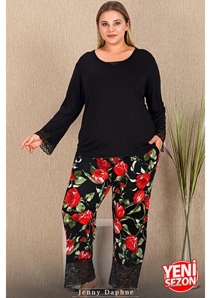 Lady Gül Desenli Alt Dantel Detaylı Kol ve Bacaklar Pijama Uzun Kollu Viskon Kumaş Pijama Takımı fiyatları