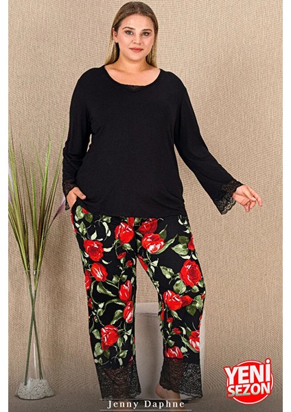 Lady Gül Desenli Alt Dantel Detaylı Kol ve Bacaklar Pijama Uzun Kollu Viskon Kumaş Pijama Takımı modelleri