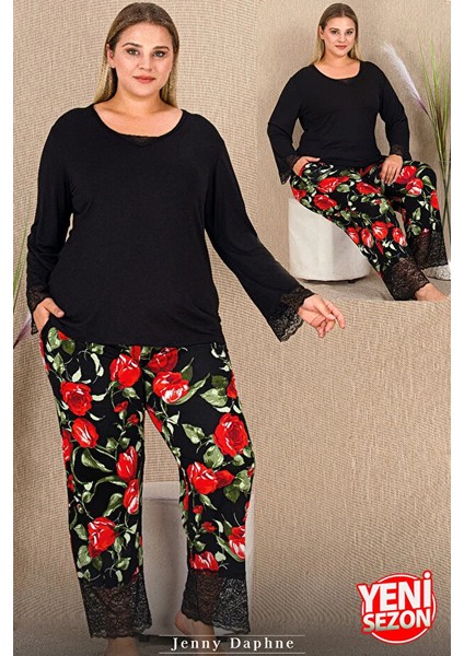 Lady Gül Desenli Alt Dantel Detaylı Kol ve Bacaklar Pijama Uzun Kollu Viskon Kumaş Pijama Takımı fırsatları