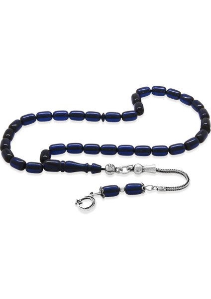 Sıkma Kehribar Tesbih - 925 Ayar Gümüş Püsküllü - Mini Boy - Lacivert Renk - Kapsül Kesim