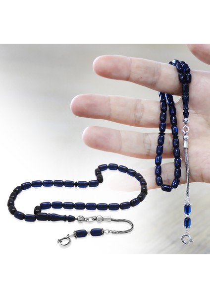 Sıkma Kehribar Tesbih - 925 Ayar Gümüş Püsküllü - Mini Boy - Lacivert Renk - Kapsül Kesim fiyatları