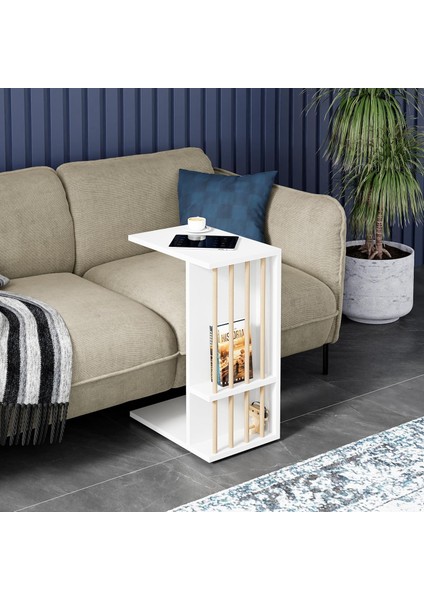 Yan Sehpa Koltuk Sehpası C Sehpa Zigon Sehpa Servis Sehpası (Beyaz)