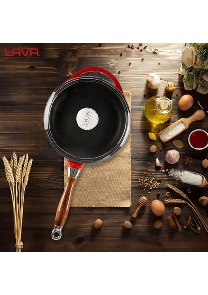 Metal Cam Kapaklı Ahşap Kulplu Yuvarlak Kızartma Tavası, 24 Cm, Kırımızı modelleri