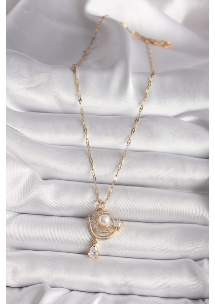 316L Gold Renk Zirkon Taşlı Ay Yıldız Model Sallantı Detay Kadın Kolye - Lisinya fiyatları