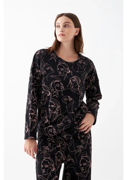 Kadın Oversize Siyah Line Art Desenli Pamuklu Kalın Pijama Takımı modelleri