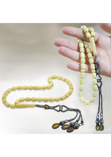 Premium Kutulu Gümüş Uzun Kazaz Püsküllü Kapsül Kesim King Seccer Sarı Beyaz Damla Kehribar Tesbih modelleri