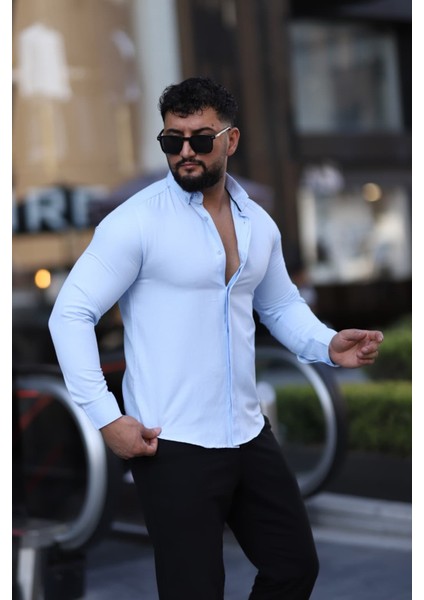 Saklı Düğmeli Slim Fit Klasik Yaka Uzun Kol Pamuk Gömlek
