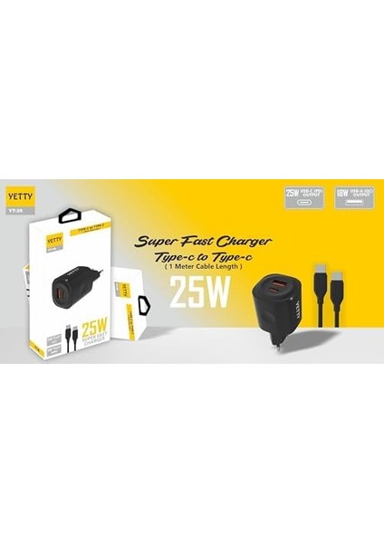 Yetty Çift Çıkışlı Pd 25W 3.0 Type-C To Type-C 1m Hızlı Şarj Kablosu - Siyah (Yerli Üretim) fiyatları