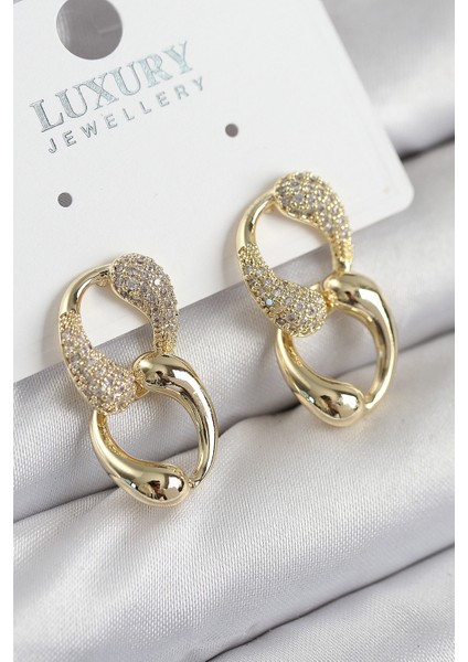 Pirinç Zirkon Taşlı Zincir Model Gold Renk Kadın Küpe - Lisinya