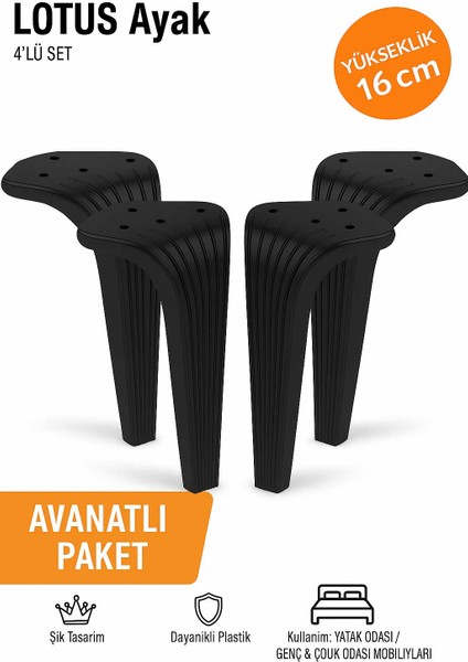 Lotus 16 cm Siyah (4 Adet) Mobilya Koltuk Yatak Odası Tv Ünitesi Konsol ve Sehpa Ofis Mobilyası Ayağı 16 cm