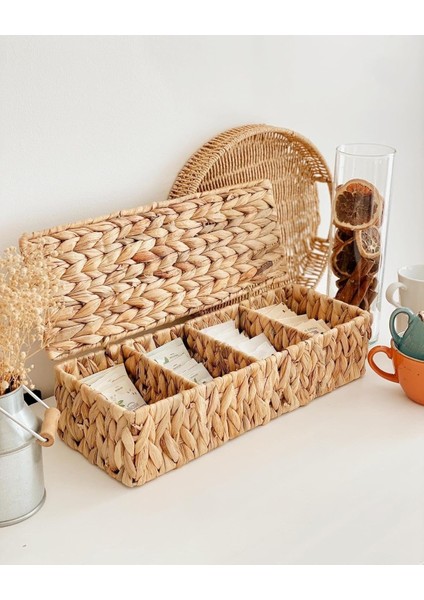 El Yapımı Hasır Dikdörtgen Çok Amaçlı 4 Bölmeli Kapaklı Dolap Düzenleyici (40X15X10CM)