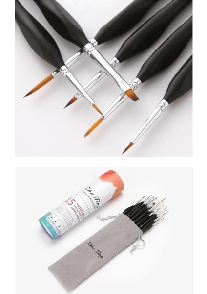 15 Parça Detay Fırça Seti Akrilik Sulu Yağlı Için Uygun Silindir Çantalı