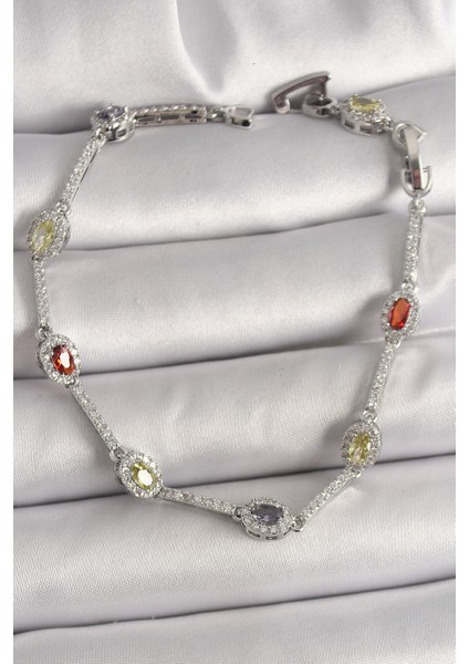 Pirinç Gümüş Renk Renkli Zirkon Taşlı Damla Taş Model Kadın Bileklik - Lisinya