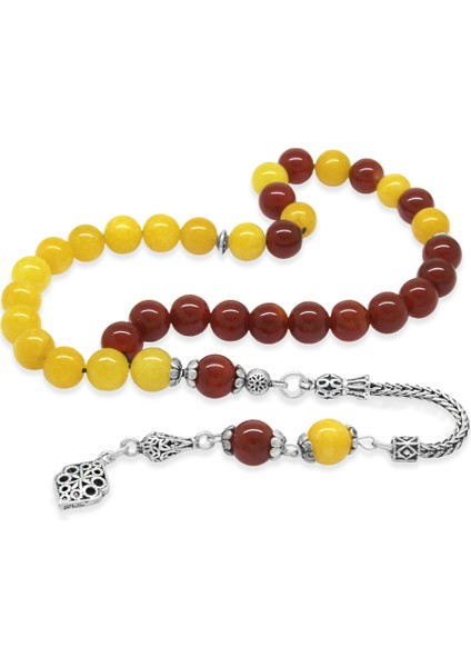 925 Ayar Gümüş Püsküllü Küre Kesim Sarı Kırmızı Jade Akik Doğaltaş Taraftar Tesbih