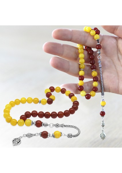 925 Ayar Gümüş Püsküllü Küre Kesim Sarı Kırmızı Jade Akik Doğaltaş Taraftar Tesbih fiyatları