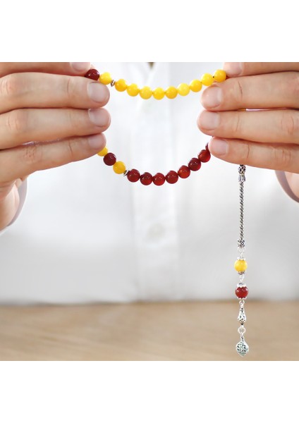 925 Ayar Gümüş Püsküllü Küre Kesim Sarı Kırmızı Jade Akik Doğaltaş Taraftar Tesbih modelleri