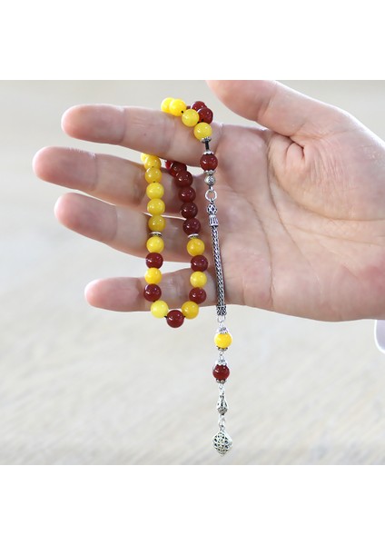 925 Ayar Gümüş Püsküllü Küre Kesim Sarı Kırmızı Jade Akik Doğaltaş Taraftar Tesbih fırsatları