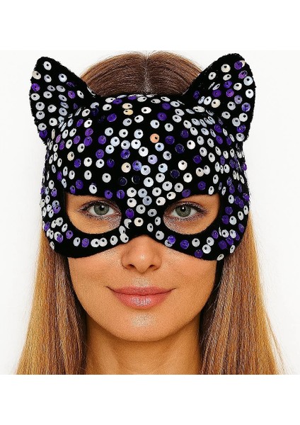 Siyah Kadife Kumaş Üzerine Mor Beyaz Payetli Pullu Parti Maskesi 16X14 cm