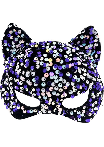 Siyah Kadife Kumaş Üzerine Mor Beyaz Payetli Pullu Parti Maskesi 16X14 cm fiyatları