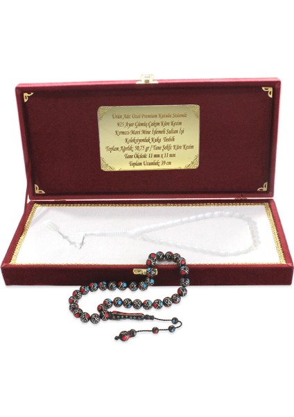 Premium Kutulu Sistemli 925 Ayar Gümüş Çakım Kırmızı Mavi Mine Sultan Işi Koleksiyonluk Kuka Tesbih