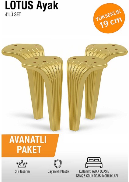 Lotus 19 cm Altın (4 Adet) Mobilya Koltuk Yatak Odası Tv Ünitesi Konsol ve Sehpa Ofis Mobilyası Ayağı 19 cm