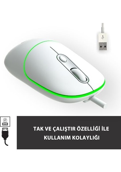 MS110 USB Kablolu 2400DPI 4 Tuşlu Rgb Sessiz Click Optik Mouse - Pc, Mac, Dizüstü Bilgisayar ile Uyumlu, Tak Çalıştır Bağlantı, Sağ ve Sol Elle Kullanıma Uygun, Kompakt Mouse Beyaz fiyatları