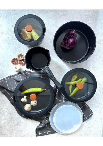 Midas Siyah 11 Parça Ayrılabilen Saplı Iç Içe Geçebilen Indüksiyonlu Tencere Tava Seti