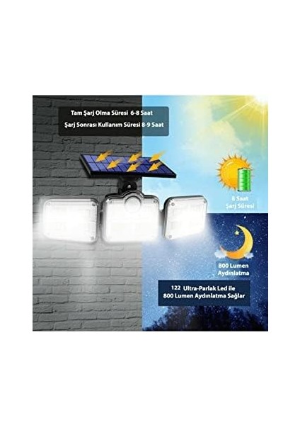 Solar Güneş Enerjili 122 Ledli Sensörlü Bahçe Aydınlatma Sokak Lambası 1430 modelleri