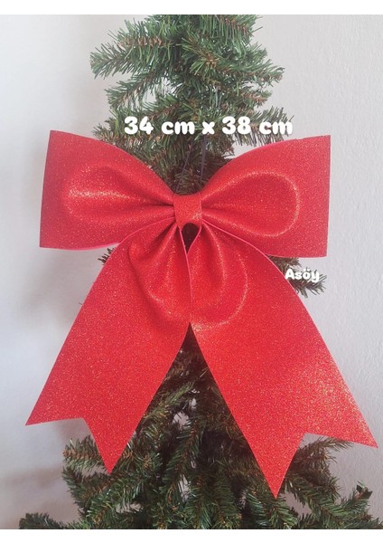 Büyük Kırmızı Eva Fiyonk Kurdele 34X38 cm Parlak Simli Yılbaşı Temalı Çam Ağacı Süsü Ağaç Dekoru