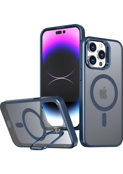 Klassegear iphone 15 Pro Uyumlu Metal Lens Koruma Çerçevesi/standlı Güçlü Mıknatıslı Bağımsız Buton Hoparlör Koruma Mat Şeffaf Telefon Kılıfı (Mavi)