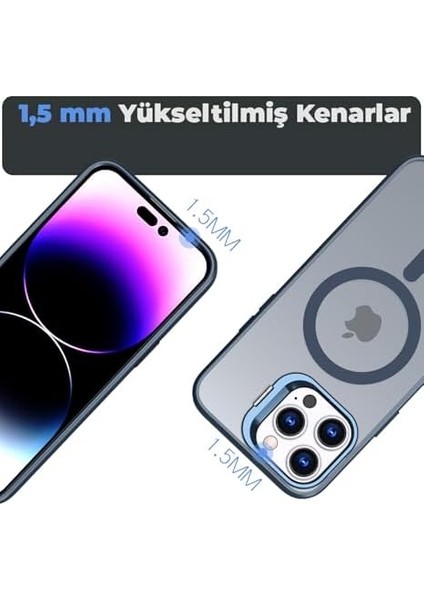 Klassegear iphone 15 Pro Uyumlu Metal Lens Koruma Çerçevesi/standlı Güçlü Mıknatıslı Bağımsız Buton Hoparlör Koruma Mat Şeffaf Telefon Kılıfı (Mavi) fiyatları