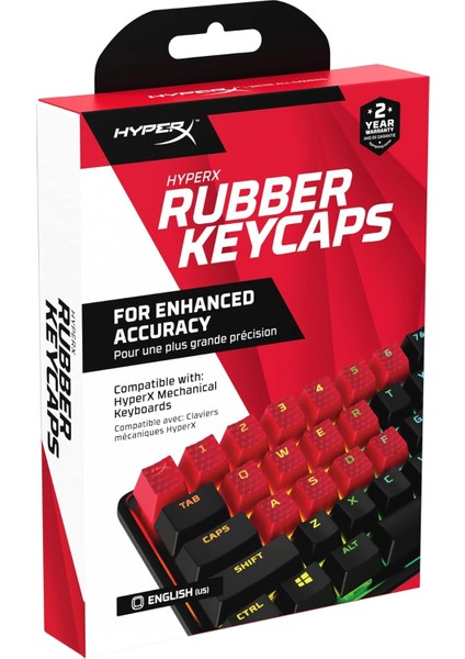 Hyperx Kauçuk Tuş Başlıkları - Oyun Aksesuar Seti, 19 Anahtar, Ingilizce (Abd) Düzeni, Kırmızı